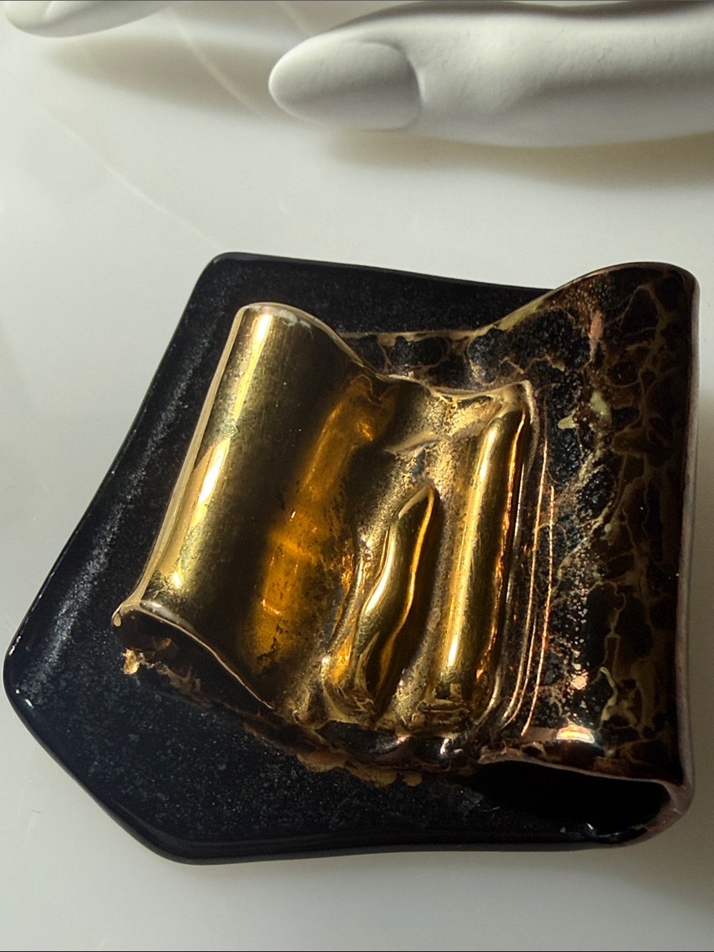 Vintage Gold and Black Abstract Sculptural Ceramic Brooch - Women Jewelry